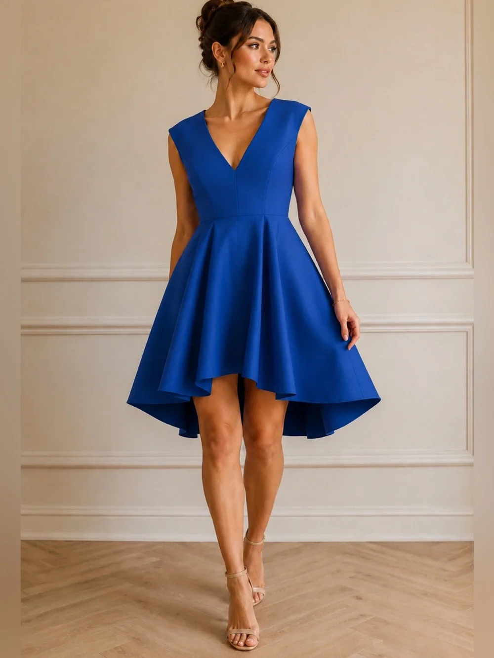 Halston Heritage Cobalt Blue Cotton/Silk Blend High-Low Fit-and-Flare Dress - Picture 1 of 11